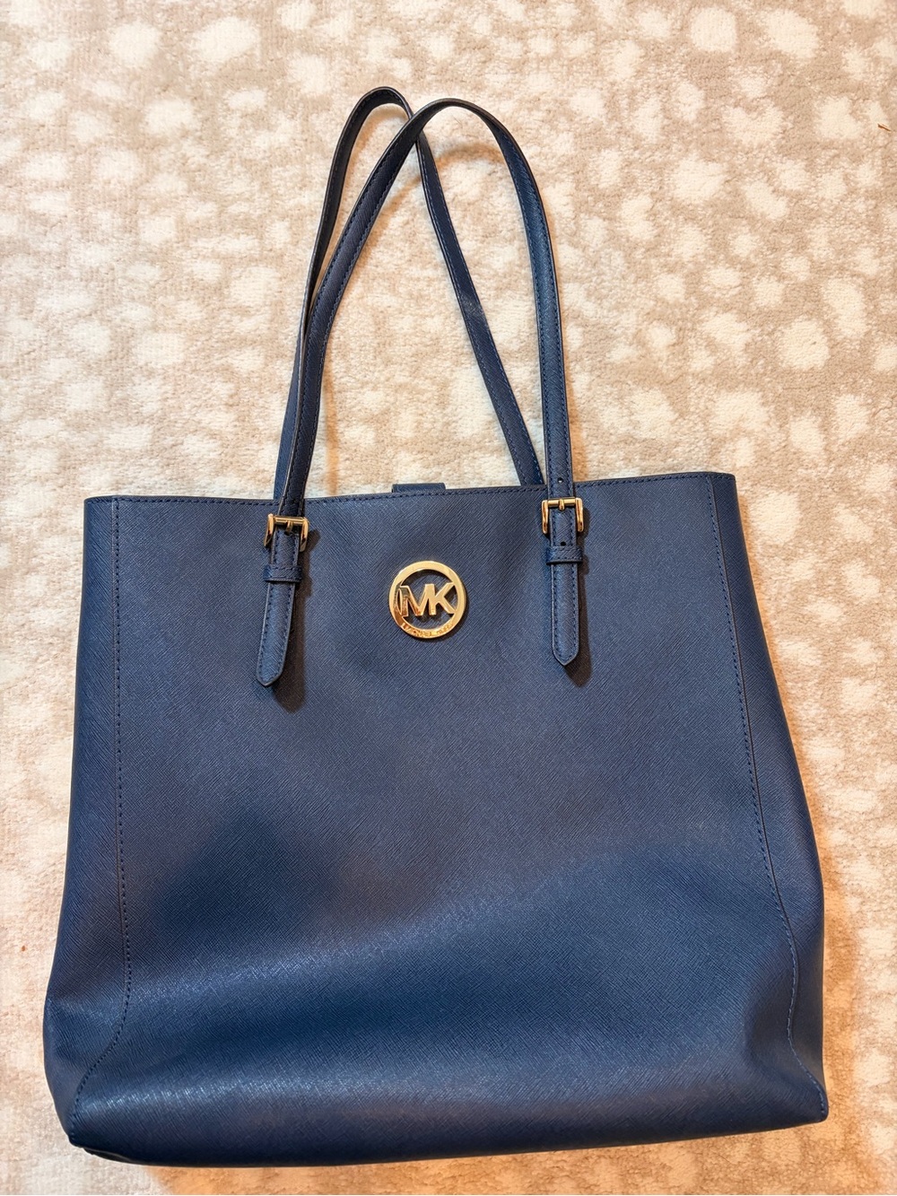Michael Kors Navy Saffiano Tote with Gold MK Emblem